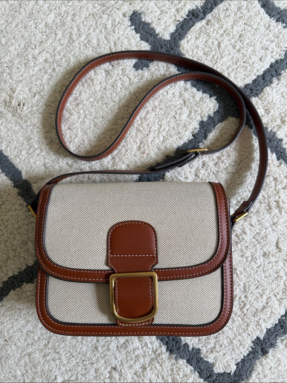 Mango Canvas and Brown Faux Leather Crossbody Shoulder Bag